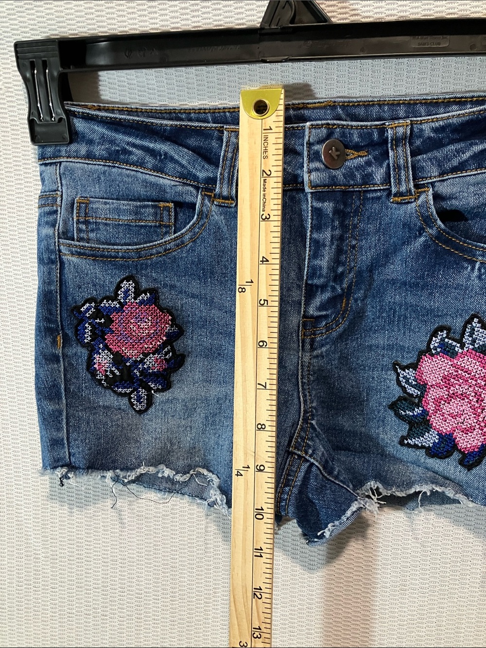 kidpik Dark Blue Denim Shorts with Pink Floral Sequin Patches - Picture 5 of 10
